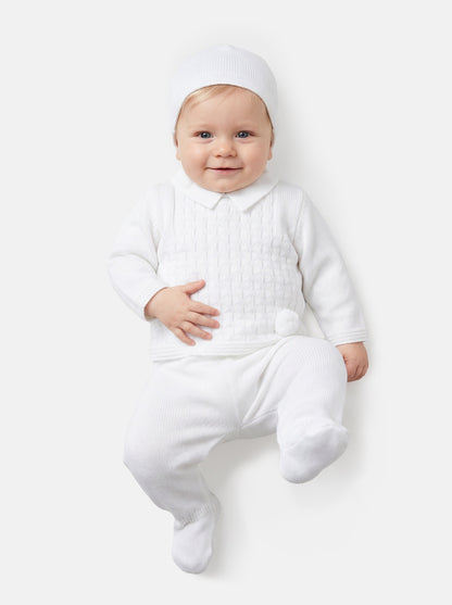Baby Boy Traditional Pom Pom 3-piece Knitted Gift Box Set - Ivory