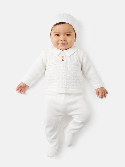 Baby Boy Collared Neck & Button Detail 3-Piece Knitted Gift Box Set - Ivory