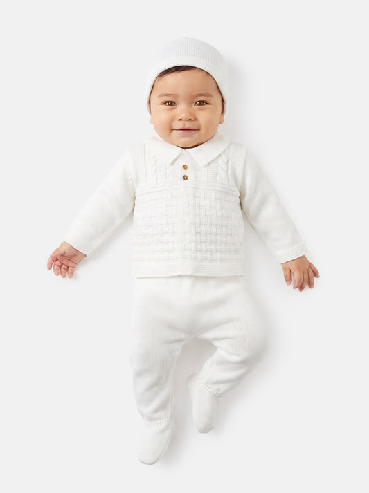 Baby Boy Collared Neck & Button Detail 3-Piece Knitted Gift Box Set - Ivory