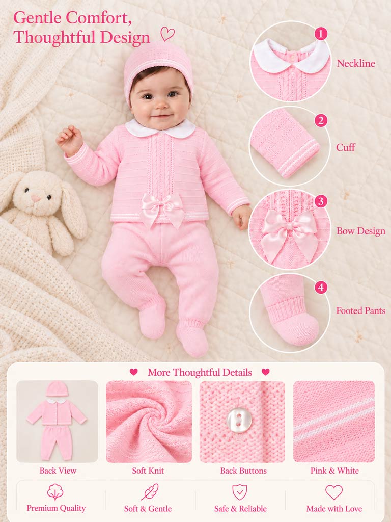 Baby Girl Violeta Collection 3-piece Spanish Knitted Set - Baby Pink
