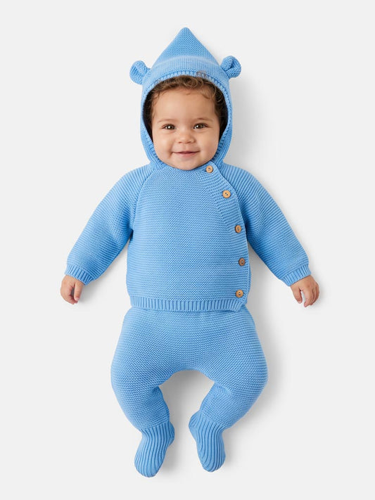 Baby 2-Piece Knitted Set with Hooded Top & Footed Trousers - Blue
