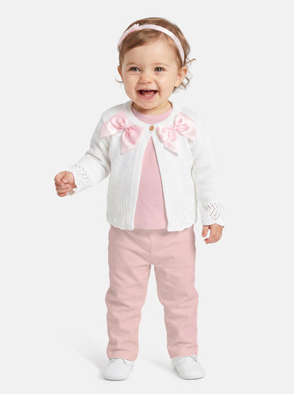 Baby Girl Cardigan with 2 Big Bows - White & Baby Pink