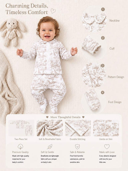 Baby Long-Sleeve 2-Piece Pyjama Set with Lace Detail - Safari Collection - Beige