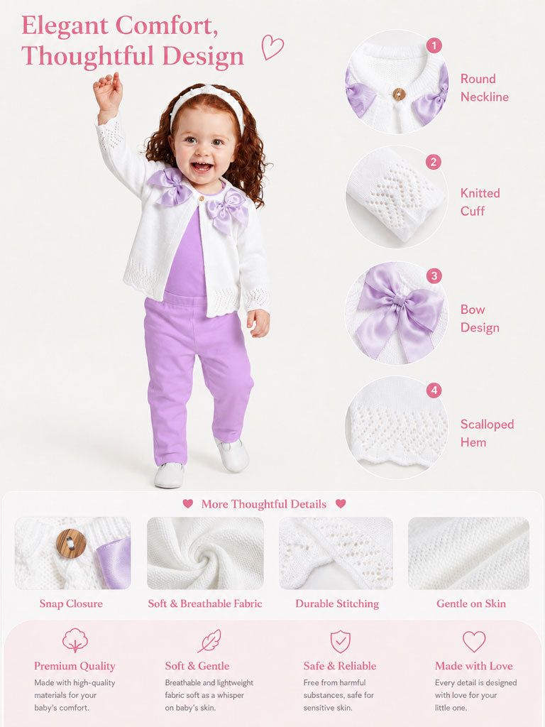 Baby Girl Cardigan with 2 Big Bows - White & Lilac