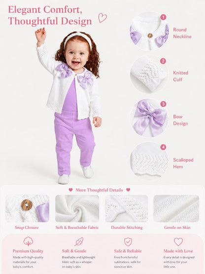 Baby Girl Cardigan with 2 Big Bows - White & Lilac