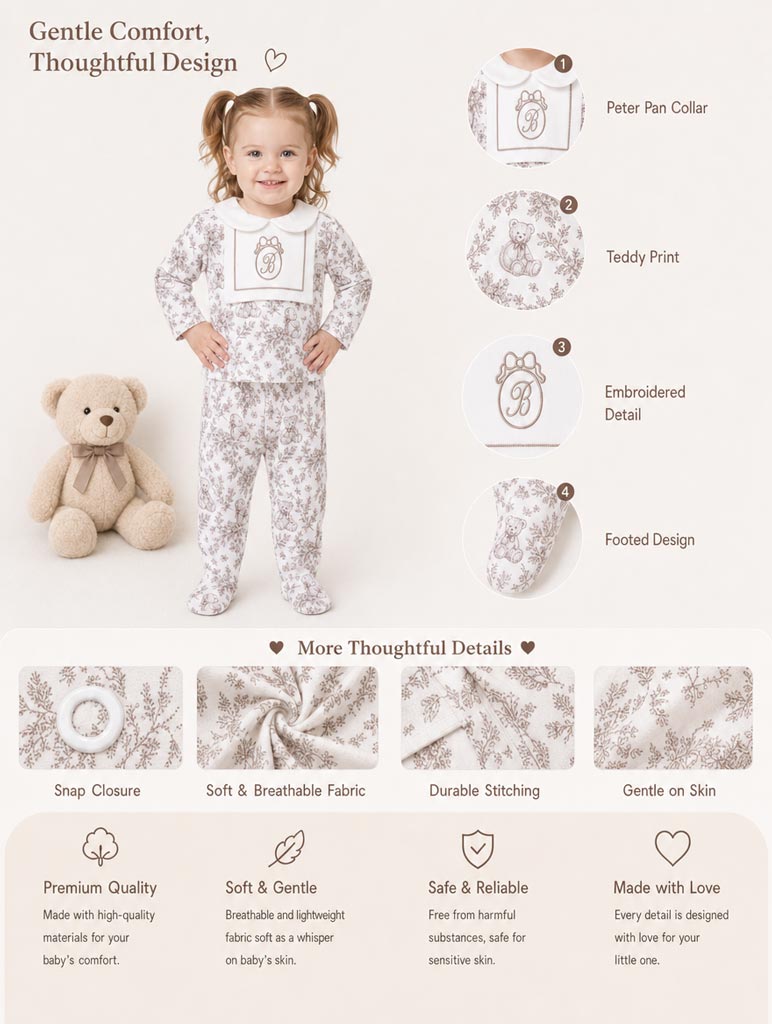 Baby Long-Sleeve 2-Piece Pyjama Set - Teddy Collection - Beige