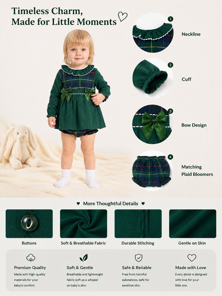 Baby Girl Holly Jolly Collection 2-Piece Top & Bloomers Tartan Set - Emerald Green