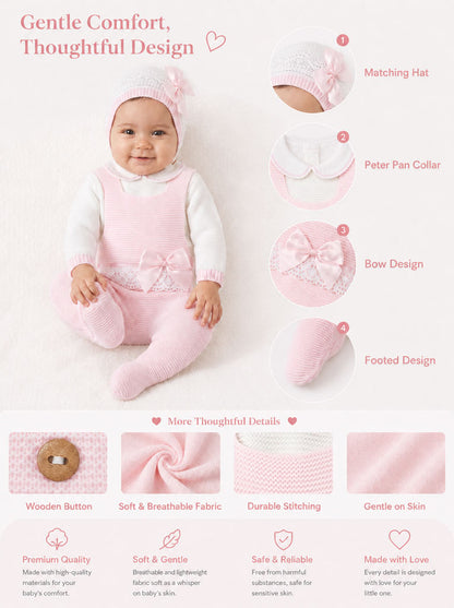 Baby Girl Xenia Collection 3-piece Knitted Dungaree Set - Baby Pink