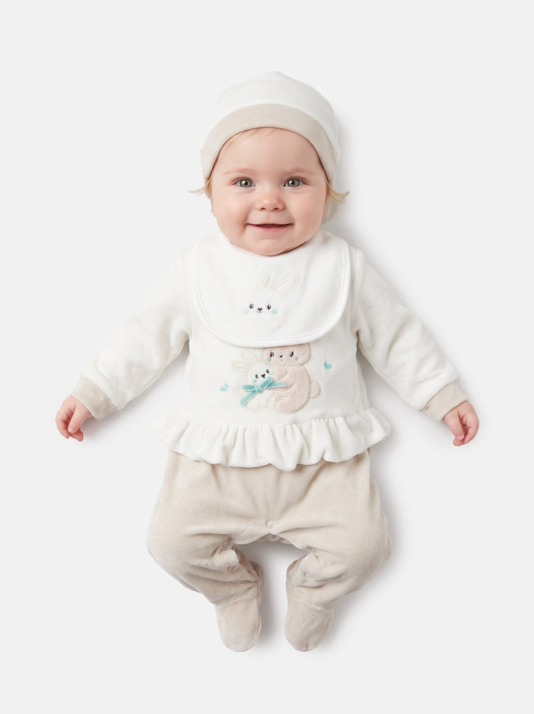 Velour Baby Grow for Girls with Bib & Hat Vitoria Collection - Beige