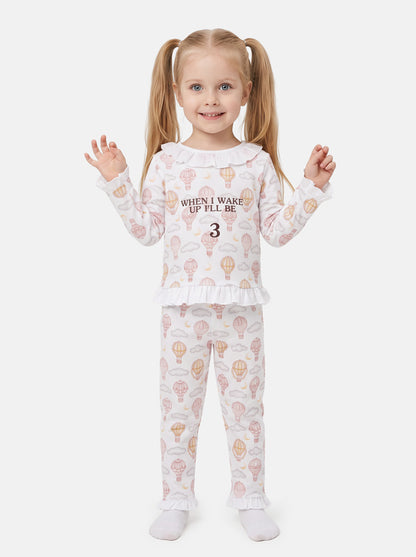 "When I Wake Up" Embroidered Girl 2-Piece Pyjama Set - Hot Air Balloon Collection - Beige