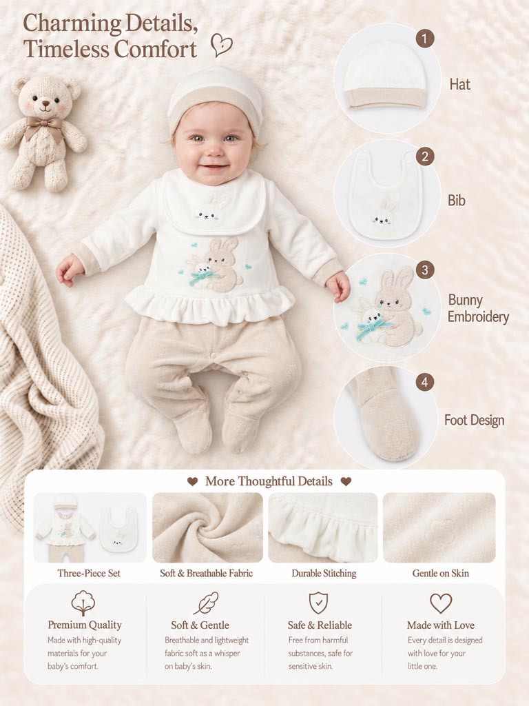 Velour Baby Grow for Girls with Bib & Hat Vitoria Collection - Beige