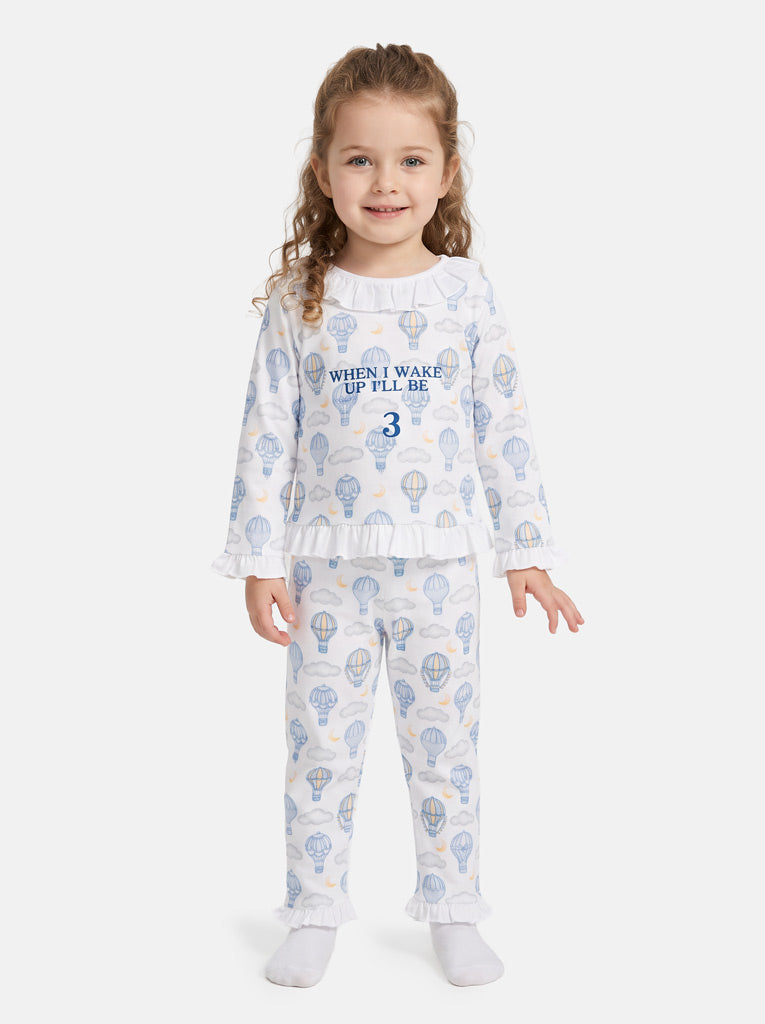 "When I Wake Up" Embroidered Girl 2-Piece Pyjama Set - Hot Air Balloon Collection - Baby Blue