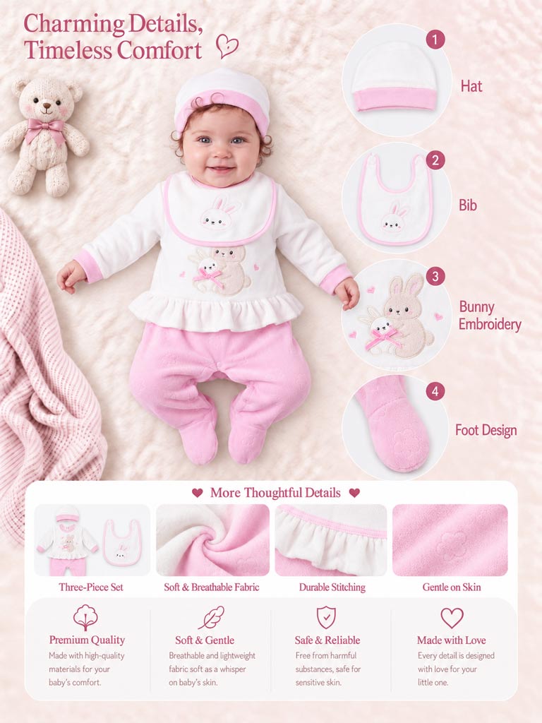 Velour Baby Grow for Girls with Bib & Hat Vitoria Collection - Baby Pink