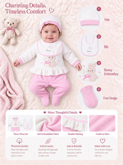 Velour Baby Grow for Girls with Bib & Hat Vitoria Collection - Baby Pink