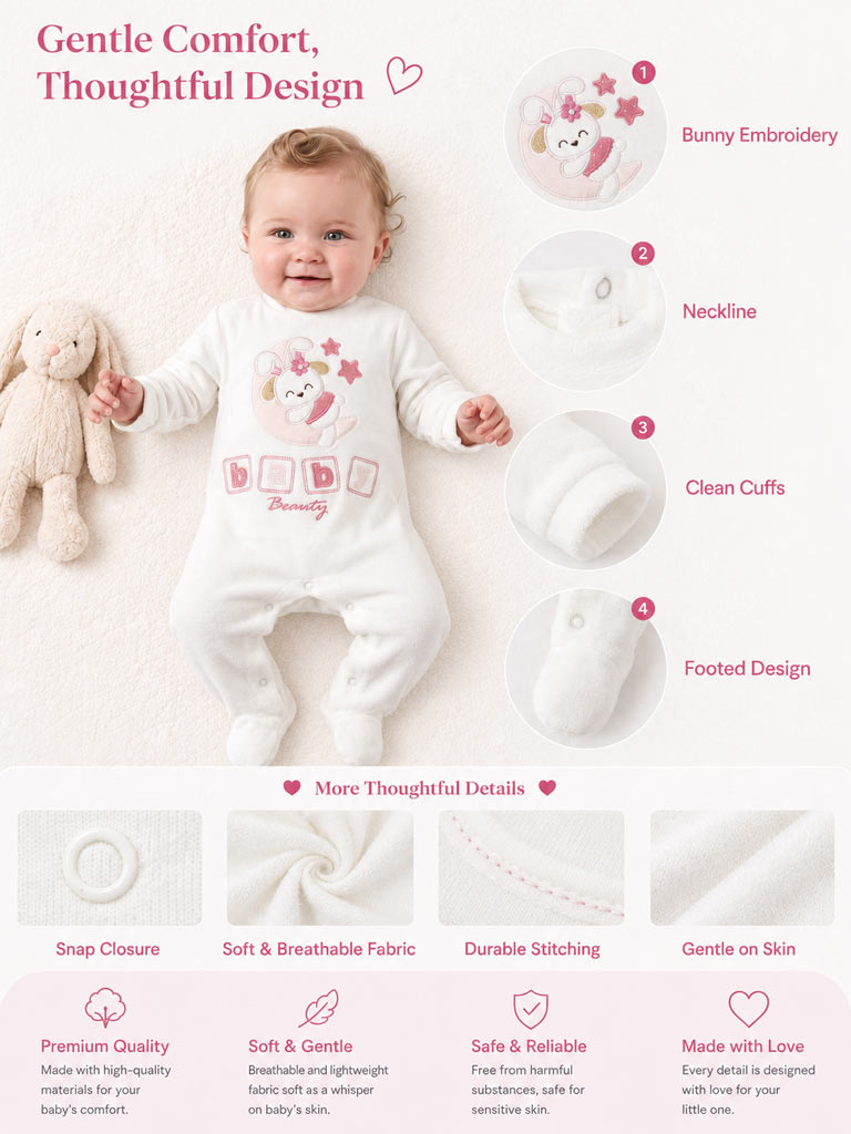 Velour Baby Grow for Girls with Bunny & Moon Oriana Collection - White