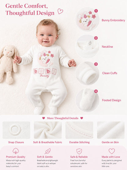 Velour Baby Grow for Girls with Bunny & Moon Oriana Collection - White