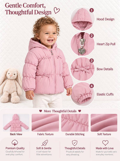 Baby Girl Padded Hooded Coat with 4 Little Bows - Light Dusty Pink