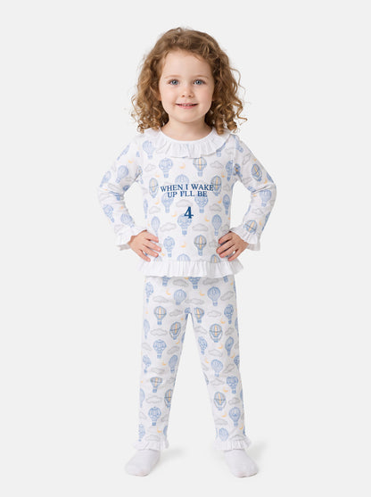 "When I Wake Up" Embroidered Girl 2-Piece Pyjama Set - Hot Air Balloon Collection - Baby Blue
