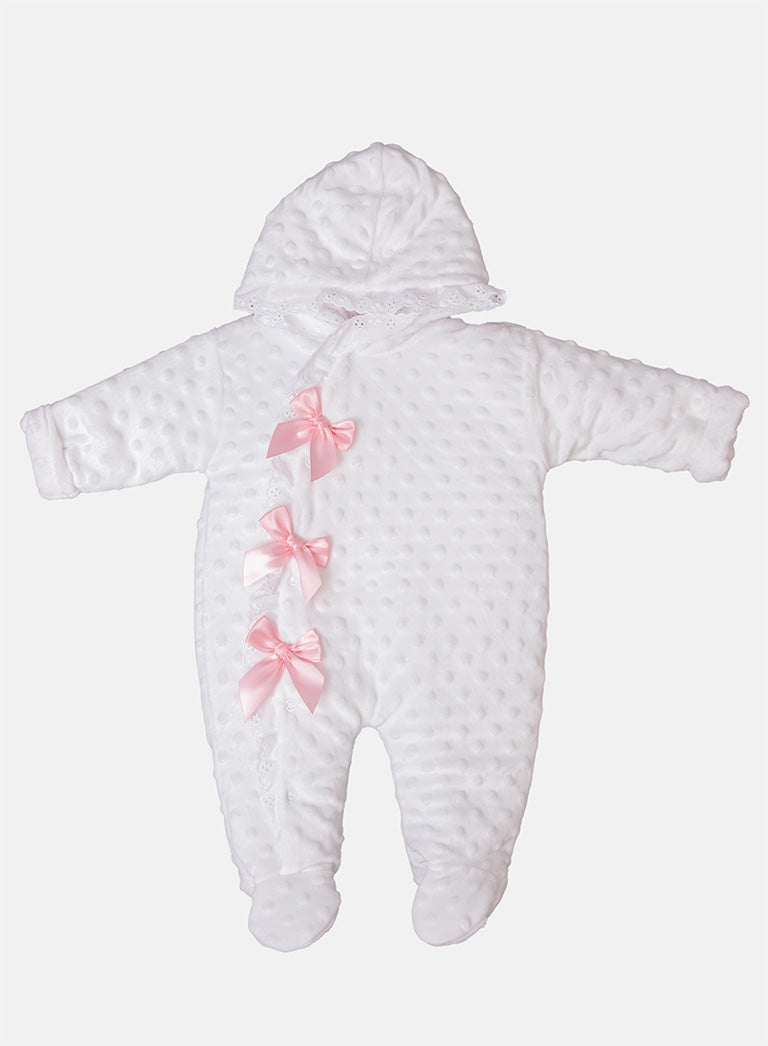Baby Girl Bubble Hooded Pramsuit with Booties - White
