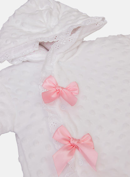 Baby Girl Bubble Hooded Pramsuit with Booties - White