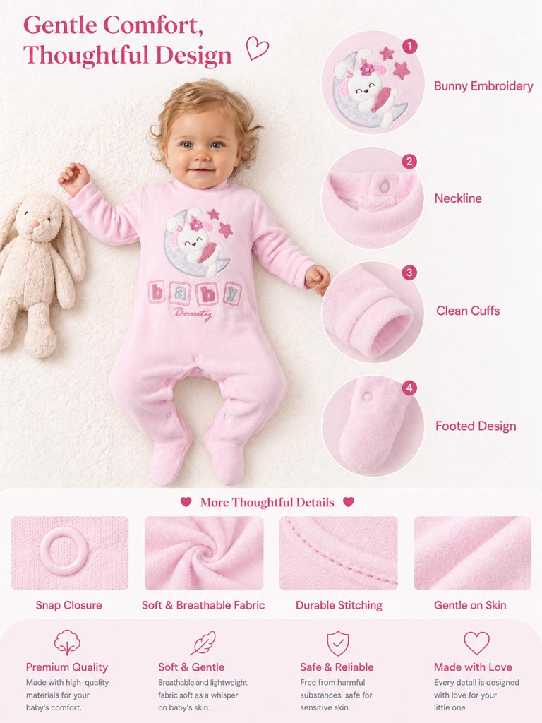 Velour Baby Grow for Girls with Bunny & Moon Oriana Collection - Baby Pink