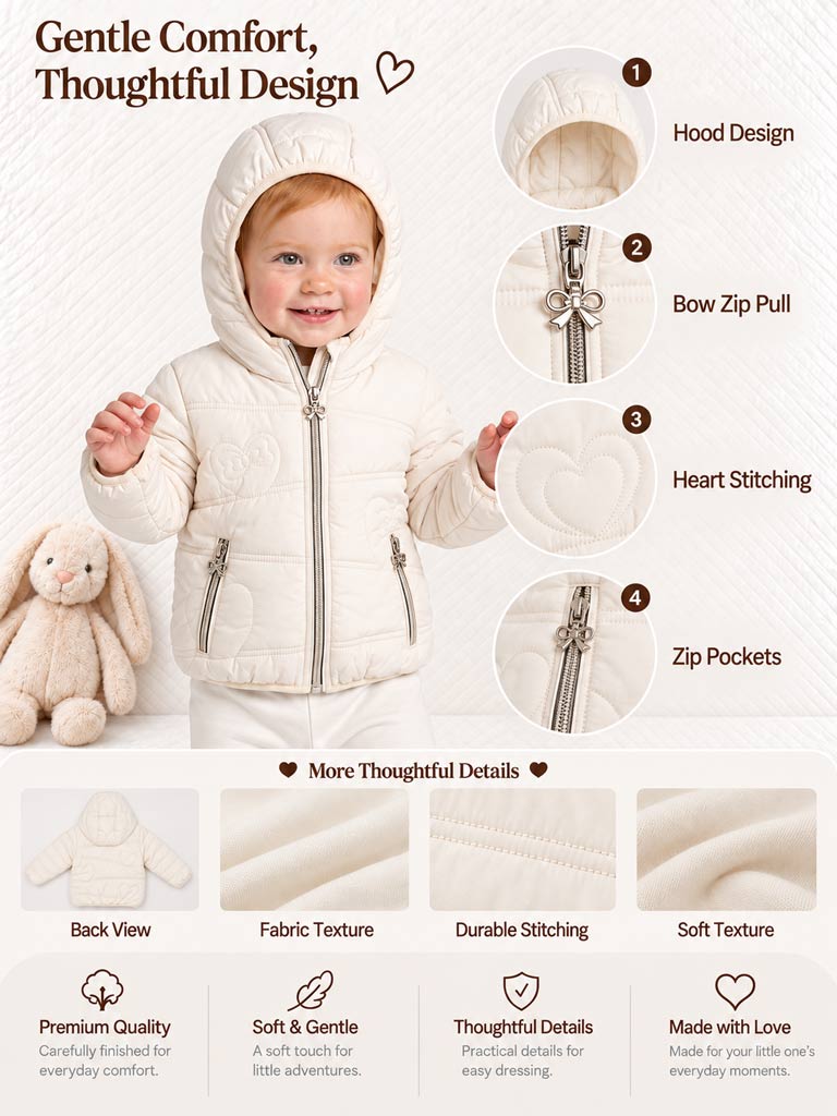 Baby Girl Padded Hooded Coat with Heart Pattern - Ivory