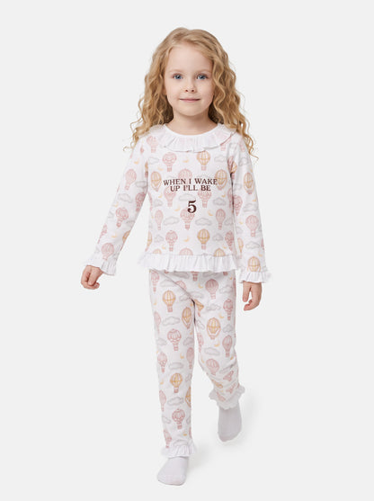 "When I Wake Up" Embroidered Girl 2-Piece Pyjama Set - Hot Air Balloon Collection - Beige