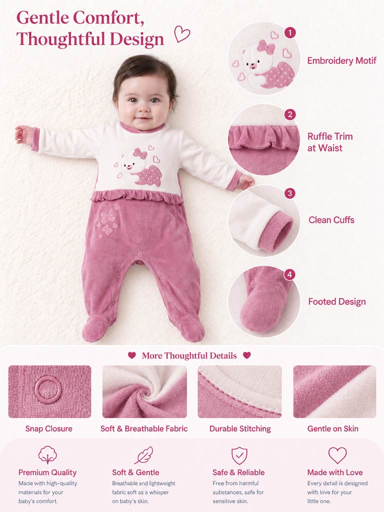 Velour Baby Grow for Girls with Teddy & Heart Clarissa Collection - Dusty Pink