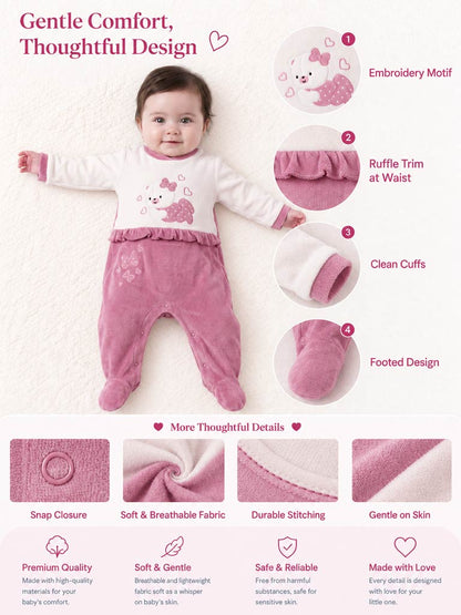 Velour Baby Grow for Girls with Teddy & Heart Clarissa Collection - Dusty Pink