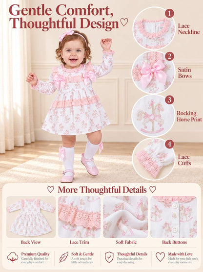 Baby Girl Dress with Bows & Lace - Rocking Horse Collection - Baby Pink