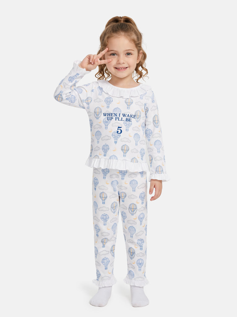 "When I Wake Up" Embroidered Girl 2-Piece Pyjama Set - Hot Air Balloon Collection - Baby Blue