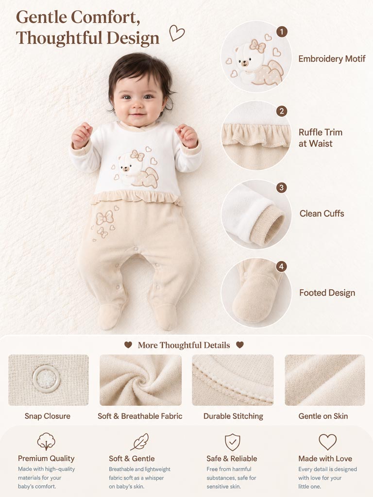 Velour Baby Grow for Girls with Teddy & Heart Clarissa Collection - Beige
