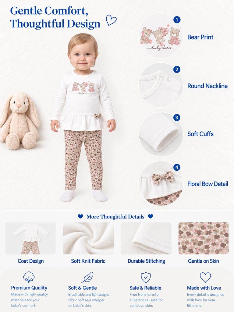 Baby Girl 2-Piece Leggings Set with Floral Teddies Anamaria Collection - White