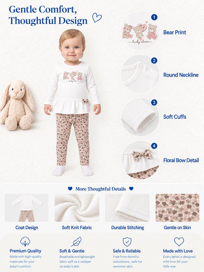 Baby Girl 2-Piece Leggings Set with Floral Teddies Anamaria Collection - White