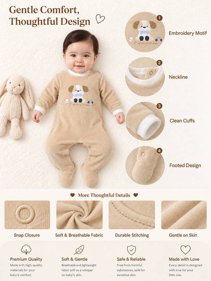 Velour Baby Grow for Boys with Puppy Design Rocco Collection - Beige