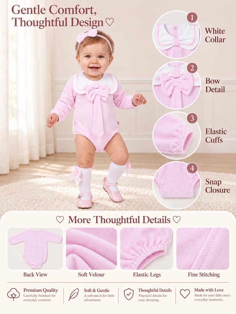 Baby Girl Rosamaria Collection Velour Romper with White Collar - Baby Pink