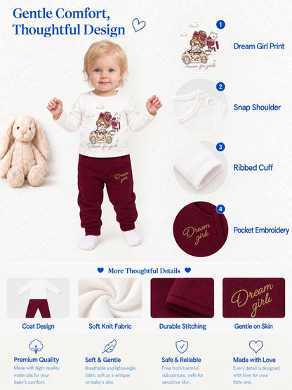 Baby Girl Luce Collection 3-Piece Hooded Tracksuit Set with Castle Design - Cherry Red