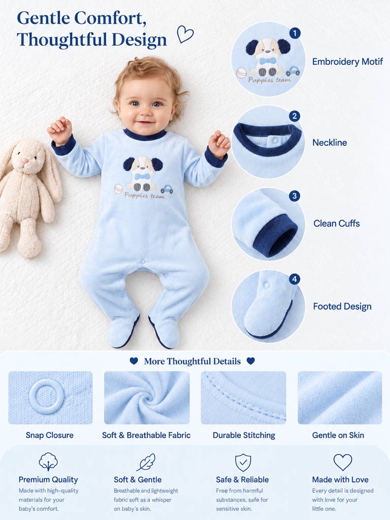 Velour Baby Grow for Boys with Puppy Design Rocco Collection - Baby Blue