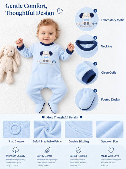 Velour Baby Grow for Boys with Puppy Design Rocco Collection - Baby Blue