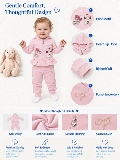 Baby Girl Luce Collection 3-Piece Hooded Tracksuit Set with Castle Design - Pink
