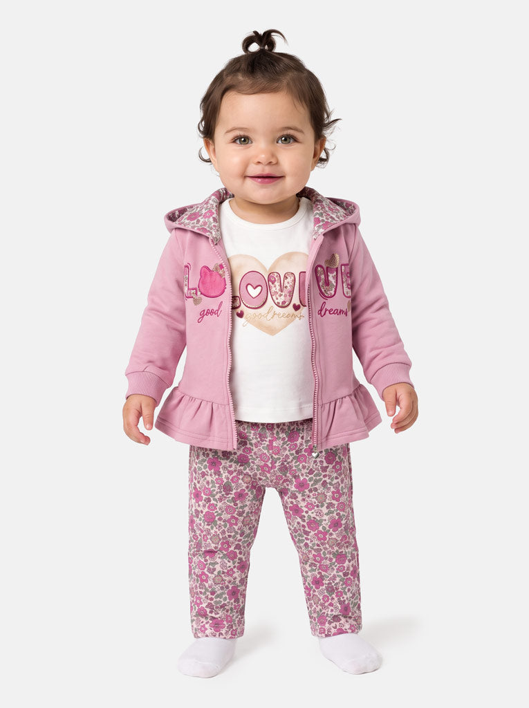 Baby Girl Fiorenza Collection 3-Piece Hooded Tracksuit Set with Floral Design - Pink