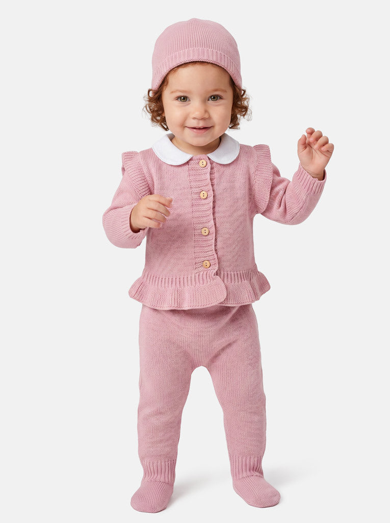 Baby Girl 3-Piece Knitted Set with Ruffled Hem - Dusty Pink