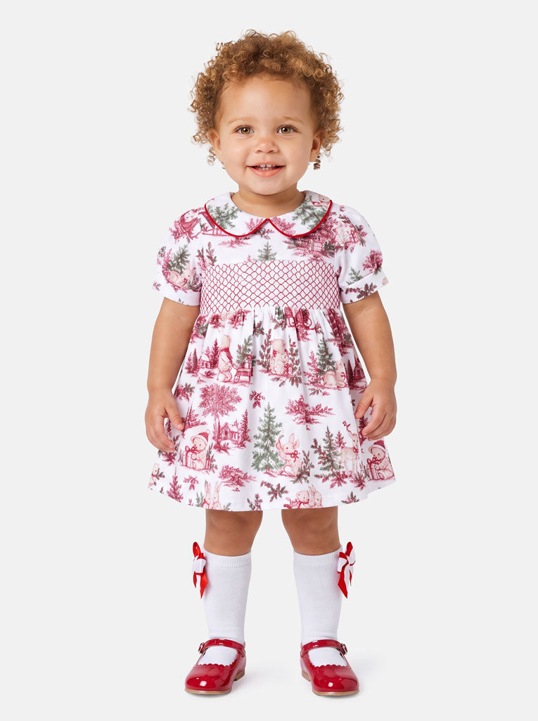 Baby Girl Short Sleeve Smocked Dress - Christmas Print Collection - LIMITED EDITION