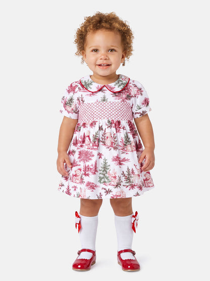 Baby Girl Short Sleeve Smocked Dress - Christmas Print Collection - LIMITED EDITION