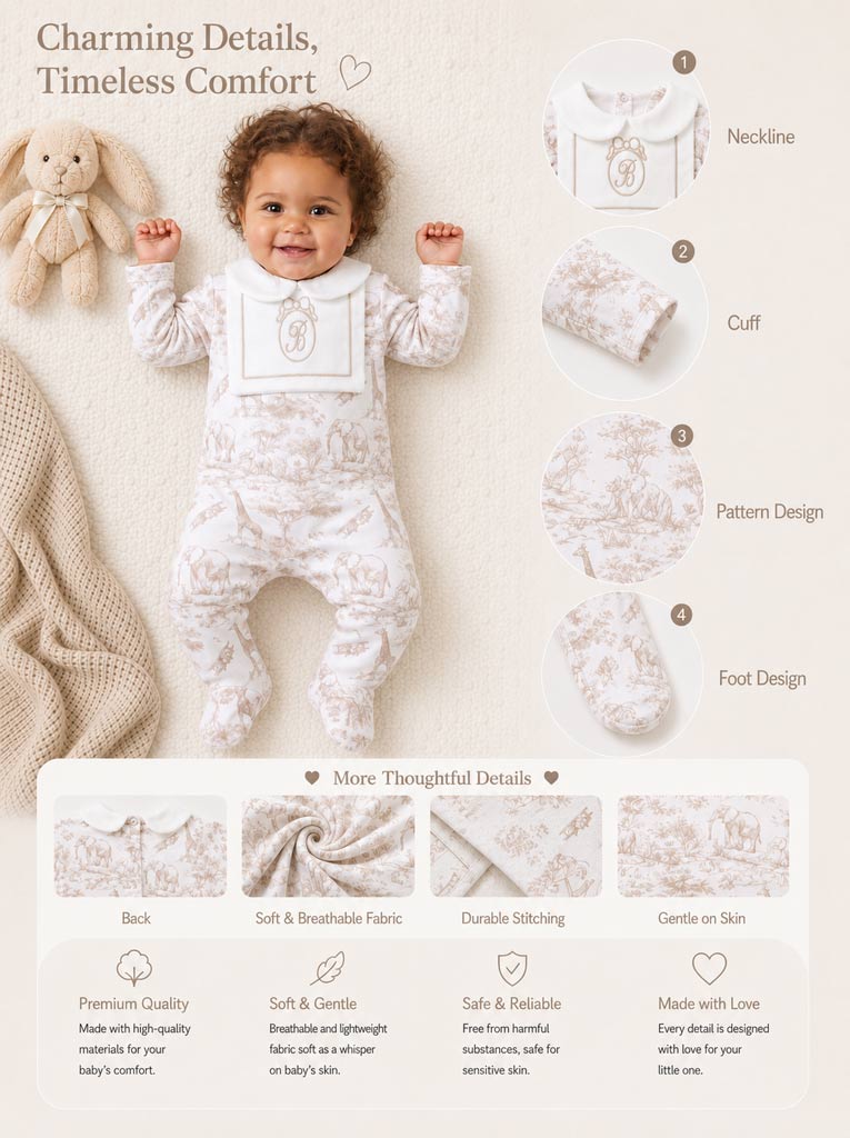 Baby Grow with Embroidered Letter "B" - Safari Collection - Beige