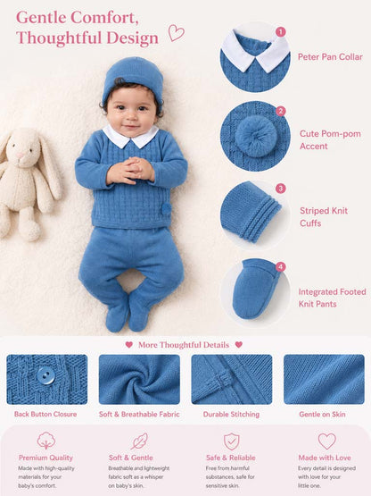 Baby Boy Traditional Pom Pom 3-piece Knitted Gift Box Set - Blue