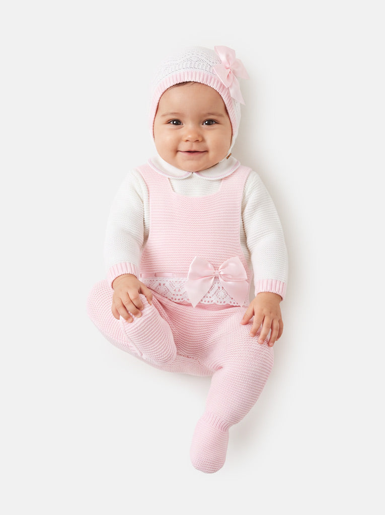 Baby Girl Xenia Collection 3-piece Knitted Dungaree Set - Baby Pink