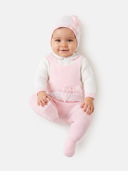 Baby Girl Xenia Collection 3-piece Knitted Dungaree Set - Baby Pink