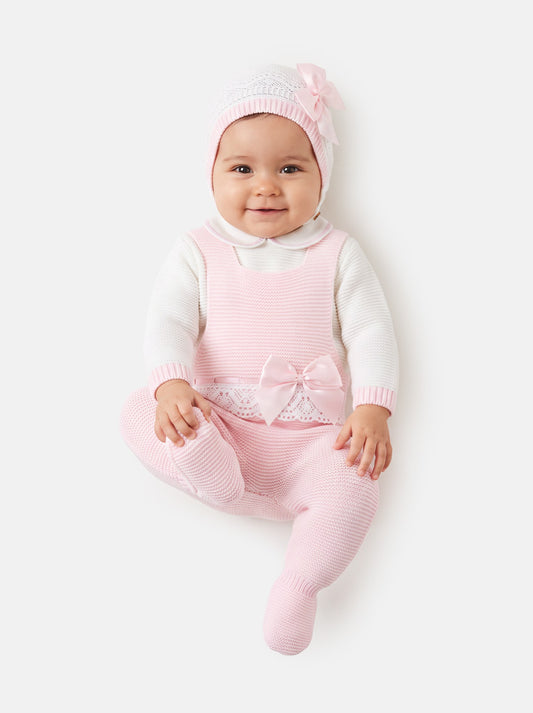 Baby Girl Xenia Collection 3-piece Knitted Dungaree Set - Baby Pink
