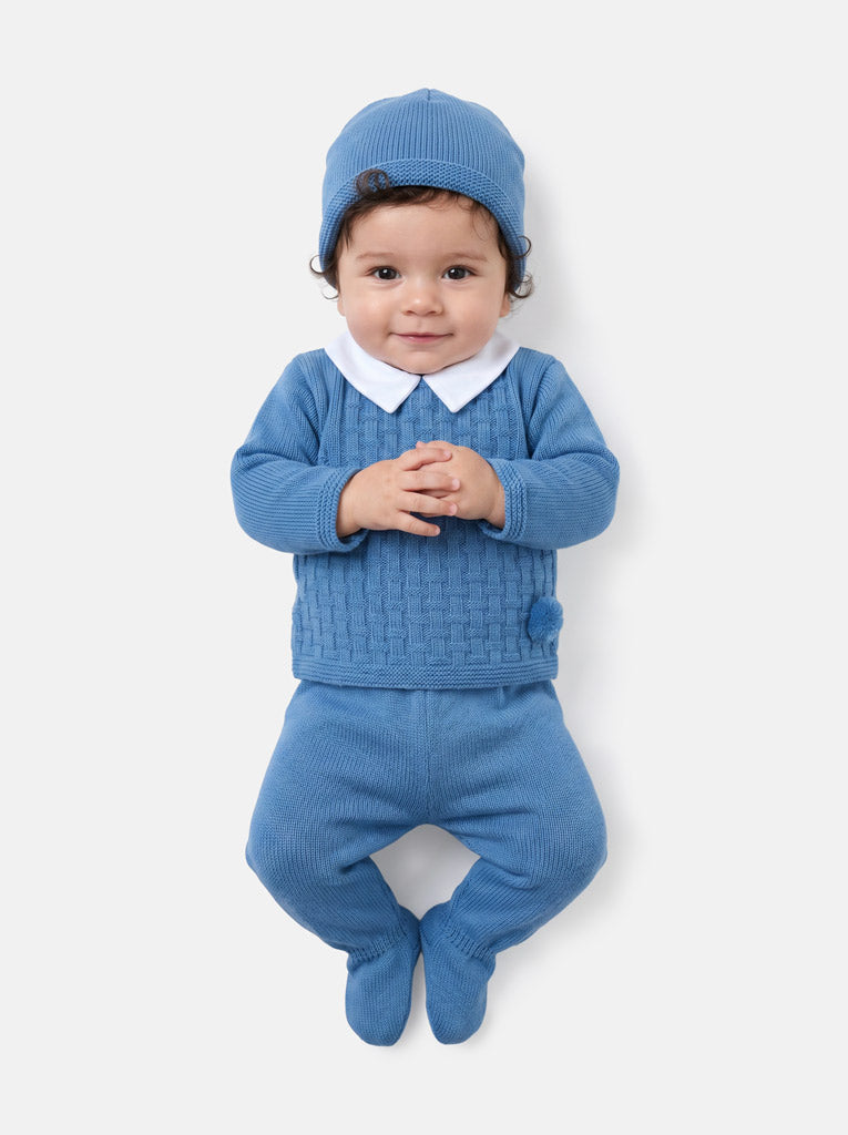 Baby Boy Traditional Pom Pom 3-piece Knitted Gift Box Set - Blue